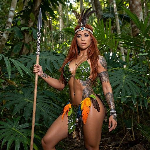 Photograph of a tattooed, tan-skinned woman with long red hair, wearing a leaf bikini, feather headpiece, and orange feather skirt,
