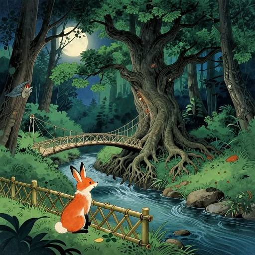 Digital illustration: Vibrant forest at night with a full moon, orange fox on bamboo bridge, stream, large tree with exposed roots, bird in mid