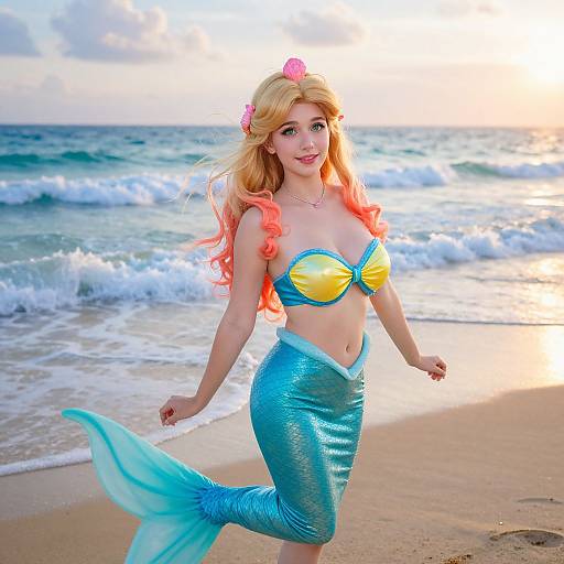 Photograph of a blonde woman in a blue and yellow mermaid costume with pink seashell hair accessories, running on a beach with ocean waves in