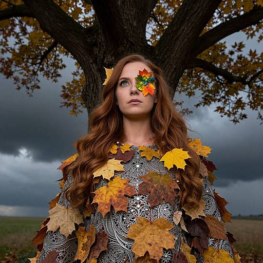 Photograph of a red-haired woman with autumn leaves covering her face and dress, standing before a large, dark tree on a stormy day.