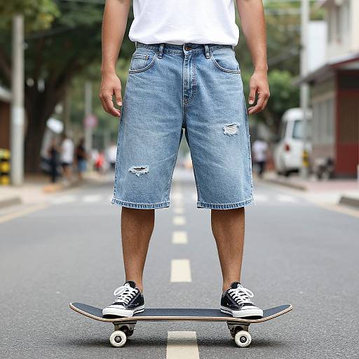 Photograph of a man from mid-thigh down, wearing a white t-shirt, blue distressed denim shorts, black and white sneakers, skateboarding on