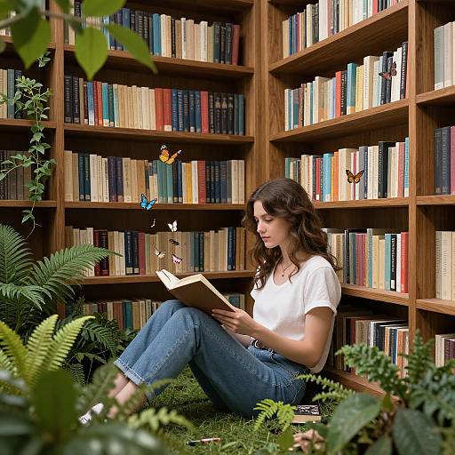 Photograph of a brunette woman with wavy hair, wearing a white t-shirt and blue jeans, reading a book while sitting on greenery in front