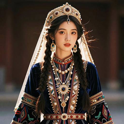 Photorealistic digital portrait of an East Asian woman in ornate traditional dress, adorned with gold jewelry and intricate embroidery, wearing a detailed crown and veil