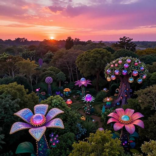 Vibrant digital illustration of a fantastical garden at sunset, featuring colorful, glowing flowers and oversized blooms against a dense forest backdrop.