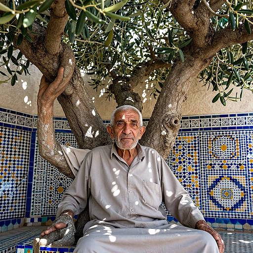 Photograph of an elderly man with gray beard, wearing white traditional attire, sitting under a tree with dappled sunlight, against a blue and white