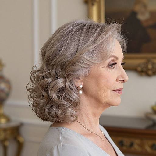 Photograph of an older woman with silver, curled hair, wearing a pearl earring and light gray top, in a elegant room.