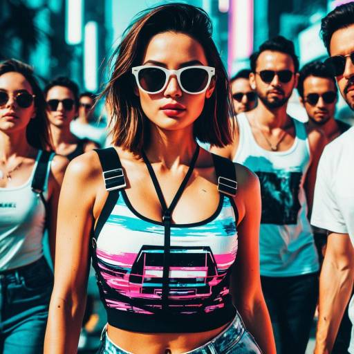 Stylish Woman in Neon Synthwave Top with Sunglasses