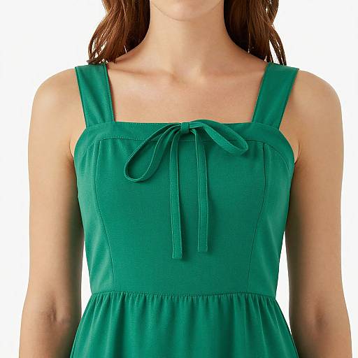 Photograph of a woman's upper body wearing a sleeveless, teal sundress with square straps and a bowtie detail at the chest.