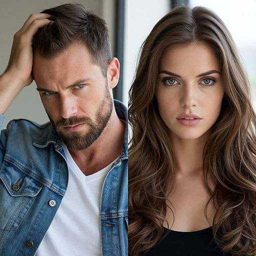 Photograph of a bearded man with short brown hair, wearing a denim jacket over a white shirt, and a woman with long brown hair, blue