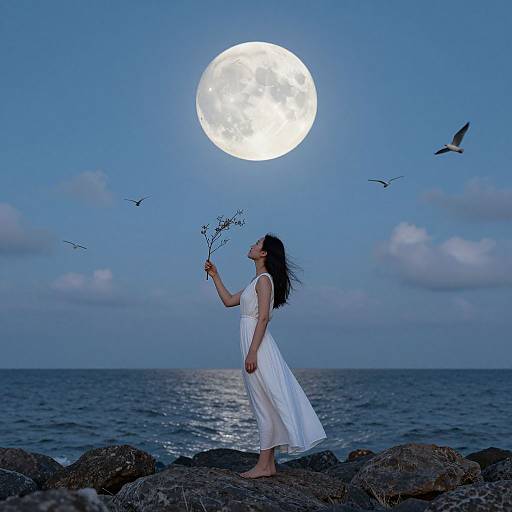 Photograph of a woman in a white dress standing on rocks, holding a branch of small flowers, under a full moon, with birds flying in a