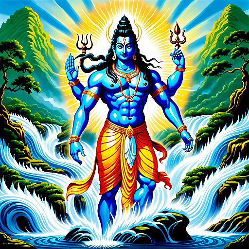 Blue Hindu God Shiva with Trident by Waterfall