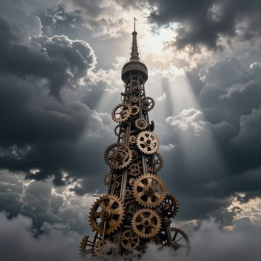 Photograph of a towering clock tower adorned with large, intricate golden gears, set against a dramatic sky with sun rays piercing through dark, stormy clouds