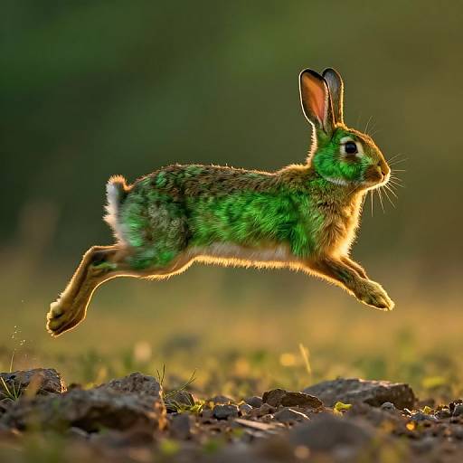 Photograph of a vibrant green and brown hare mid-leap, illuminated by golden sunlight, against a blurred green and brown forest background, with rocky ground