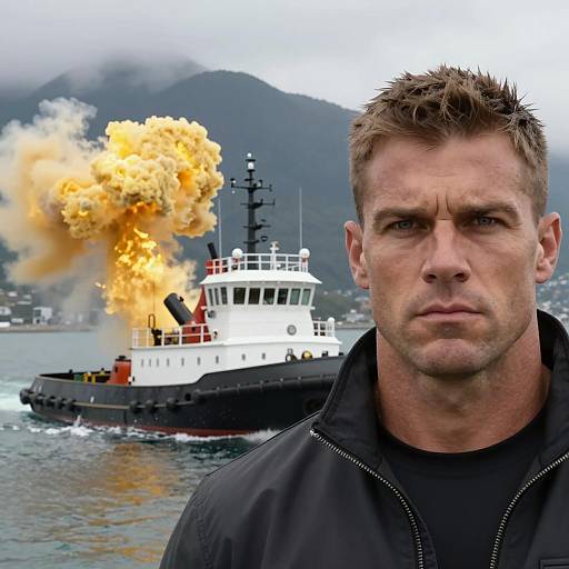 Muscular Man and Explosive Tugboat Scene