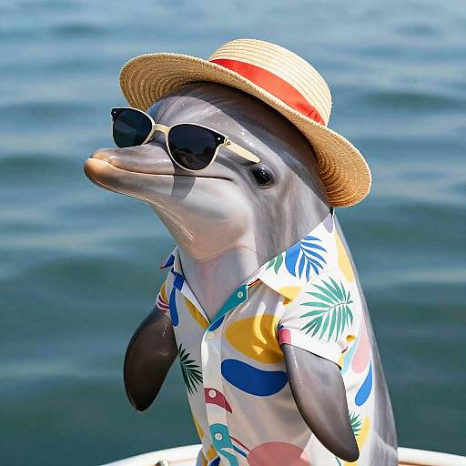 Photograph of a dolphin wearing a straw hat, colorful Hawaiian shirt, and sunglasses, with blue ocean water in the background.