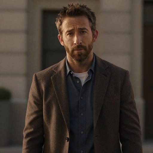 Photograph of a serious, bearded man with short brown hair, wearing a dark brown blazer over a gray shirt, standing in front of a