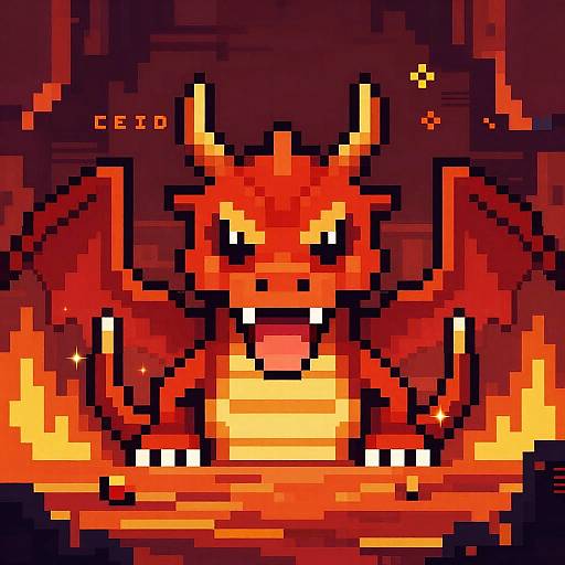 Pixel art of a fierce, red, fire-breathing dragon with glowing eyes, large horns, and sharp teeth, set against a dark, fiery background