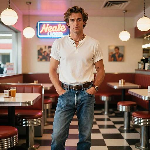 Photograph of a handsome, curly-haired young man in a white polo, blue jeans, and belt, standing in a 1950s-style diner