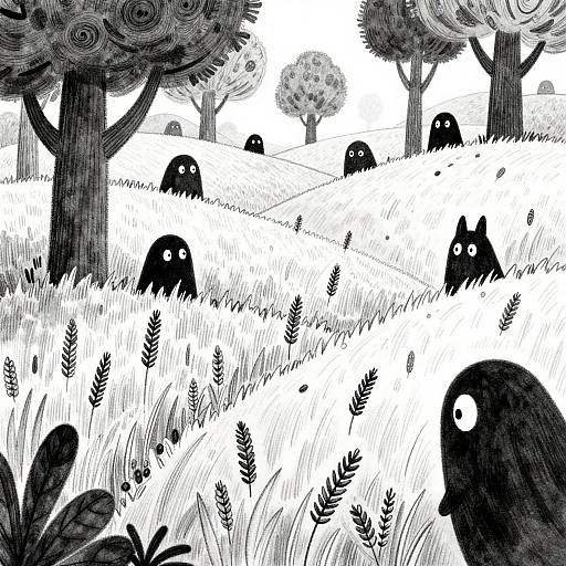 Black-and-white digital drawing of whimsical, shadowy creatures with round eyes, hiding among grassy hills and stylized trees. The background features a