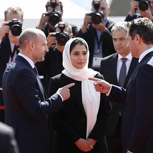 Woman Surrounded by Press and Officials