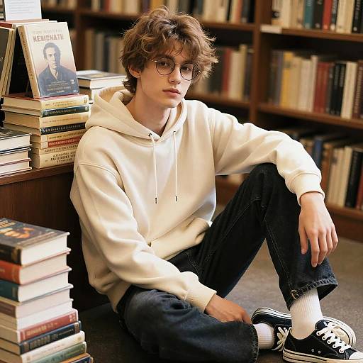 Photograph of a young man with curly brown hair, glasses, white hoodie, black jeans, and black sneakers, sitting in a library, surrounded by