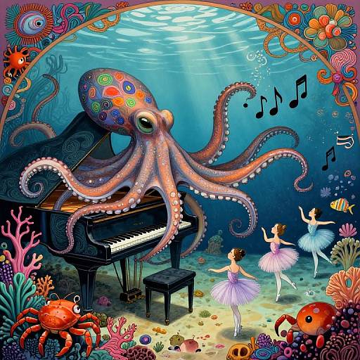 Vibrant underwater scene: colorful octopus playing piano, two ballerinas dancing, surrounded by coral, fish, musical notes, and a bench