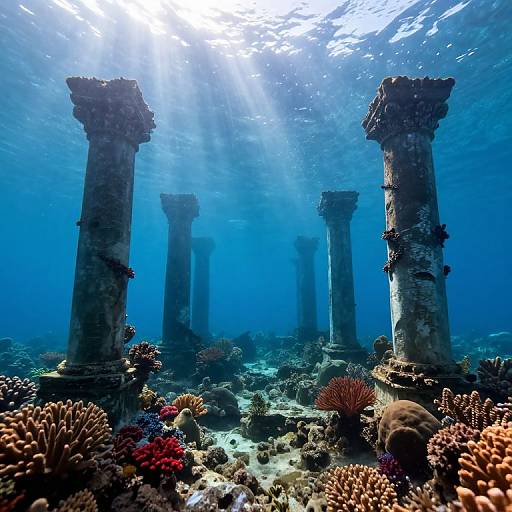 Underwater photograph of sunlit ancient stone pillars surrounded by colorful coral reefs, with sunlight filtering through the blue ocean water.