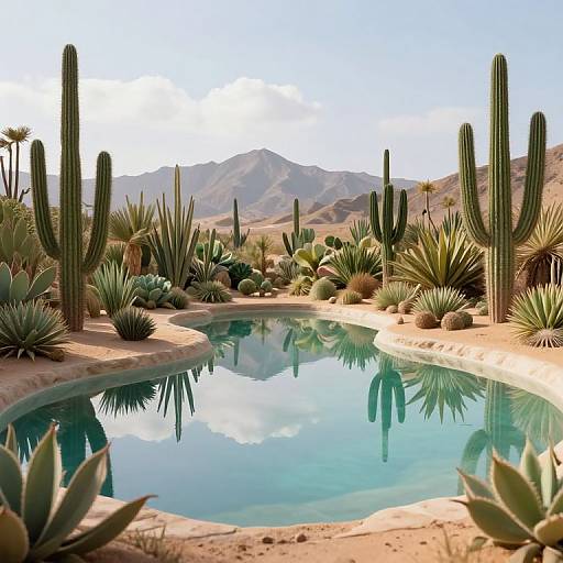 Photograph of a desert oasis: turquoise pool reflecting cactus trees, surrounded by spiky agave plants, with mountain range in background under clear blue