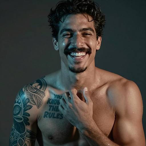 Tattooed Man in Blue-Green Lighting