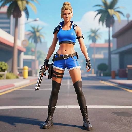 CGI image of a blonde woman in a blue sports bra and shorts, black thigh straps, knee-high boots, holding a pistol, standing confidently on