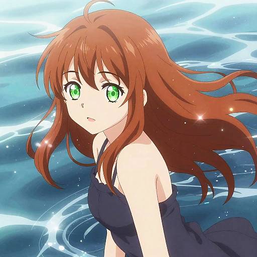 Anime-style digital drawing of a young girl with long brown hair, green eyes, wearing a black swimsuit, floating in sparkling blue water.