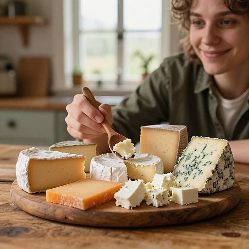 Photograph of a curly-haired person with light skin, smiling while using a knife to cut various types of cheeses on a wooden board in a sunlit