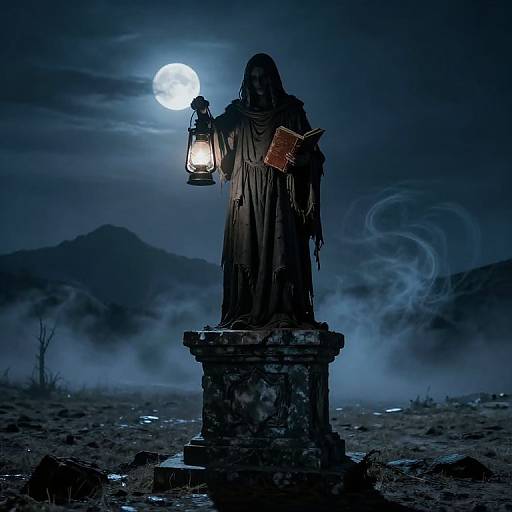 Mysterious robed figure with lantern and book under full moon, standing on stone pedestal in foggy, moonlit desert landscape.