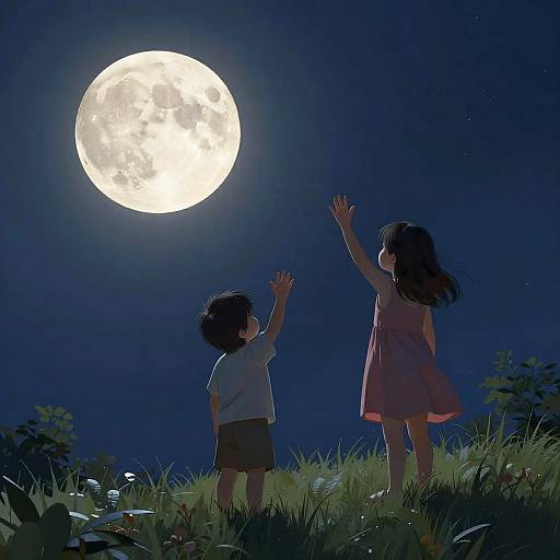 Children Waving at the Moon Night Scene