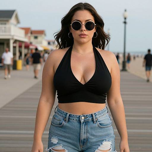 Photograph of a curvy woman with medium skin tone, wearing a black halter top, distressed denim jeans, and round sunglasses, walking on a