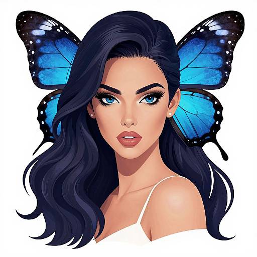 Digital art of a beautiful woman with long black hair, blue butterfly wings, and striking blue eyes, wearing a white strap top.