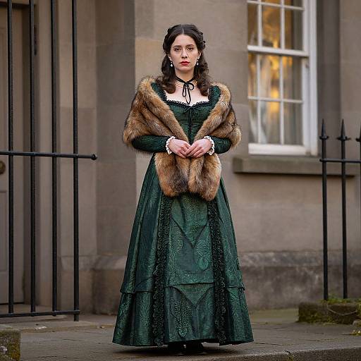 Photograph of a fair-skinned woman with dark hair wearing a dark green lace dress and brown fur stole, standing outdoors in front of a stone building