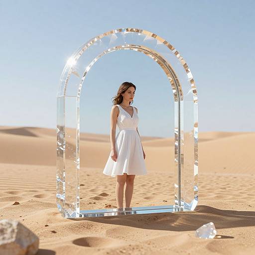 Photograph: Young woman in white dress stands under a clear, illuminated arch in a bright, sandy desert under a clear blue sky.
