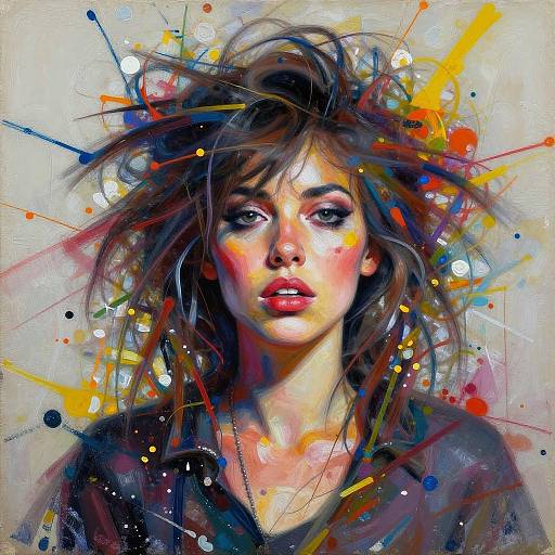 Digital painting of a young woman with disheveled brown hair, colorful abstract splatters behind her, wearing a dark top, with intense, expressive eyes