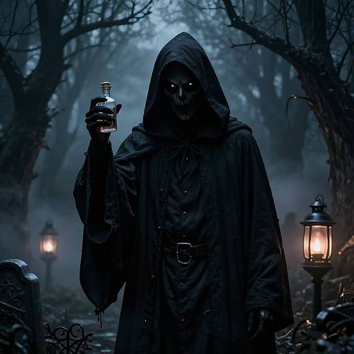 Dark, hooded figure in tattered cloak holding bottle, glowing eyes, eerie forest at night with lanterns, eerie blue lighting, foggy background
