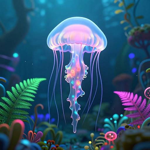 Vibrant digital illustration of a glowing jellyfish with neon tentacles, surrounded by colorful underwater plants in a blue, bioluminescent ocean.