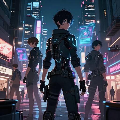 Cyberpunk cityscape: four anime-style, black-clad, armed agents with glowing neon lights, futuristic buildings, and holographic advertisements in a