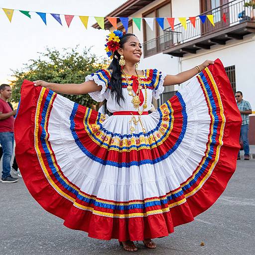 Photograph of a Latina woman in a vibrant Mexican folk dress, white with red and blue trim, standing outdoors, spreading skirt, colorful bunting background