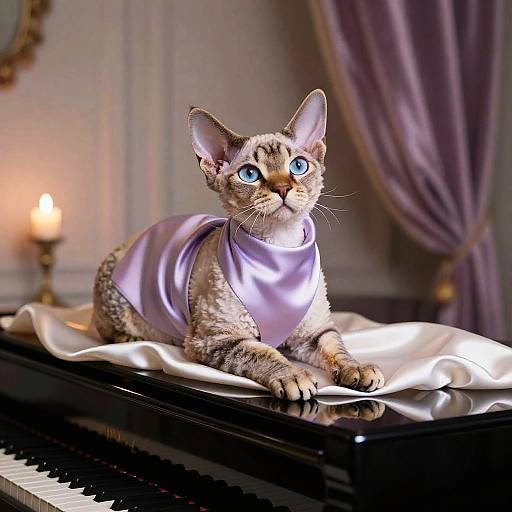Elegant Cornish Rex on Vintage Piano