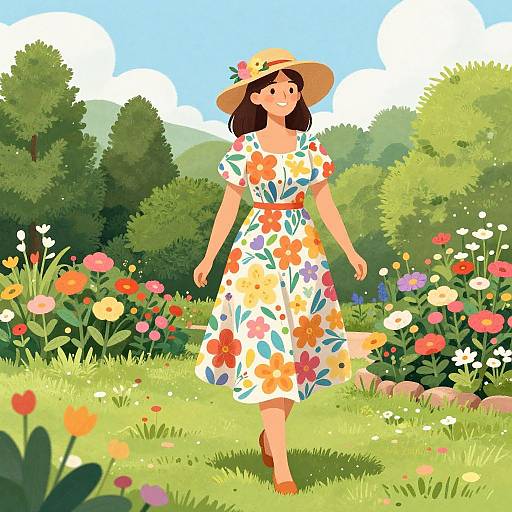 Digital illustration of a smiling woman in a floral dress and sunhat, walking through a vibrant, colorful garden with diverse flowers, lush greenery, and