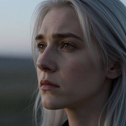Photograph of a young woman with long, silver-blonde hair and serious expression, looking to the side, against a blurred, twilight background.
