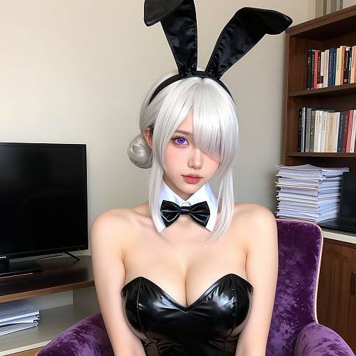 Photograph-style CGI of a pale-skinned woman with white hair, purple eyes, black bunny ears, black bowtie, and strapless black leather