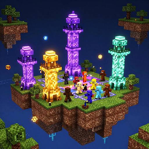 Pixel art scene of a floating island with glowing purple and blue towers, colorful characters, and vibrant green grass against a dark blue sky.