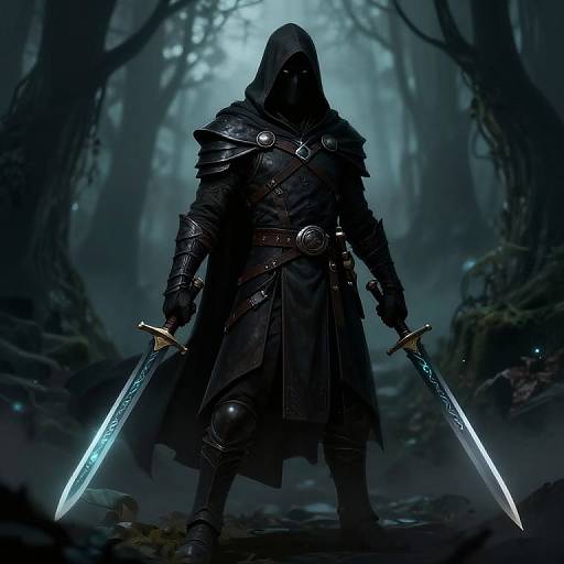 Dark-clad, hooded warrior with glowing blue swords stands in misty, eerie forest, wearing armored chest and gauntlets, exuding menace