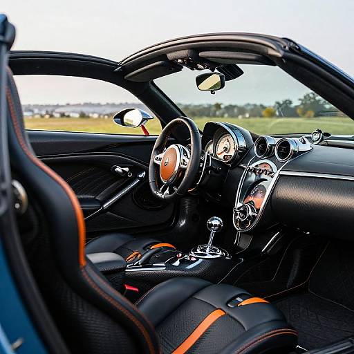 Photograph of a modern MINI Cooper's sleek, black interior with orange accents, featuring a stylish dashboard, leather seats, and a sporty steering